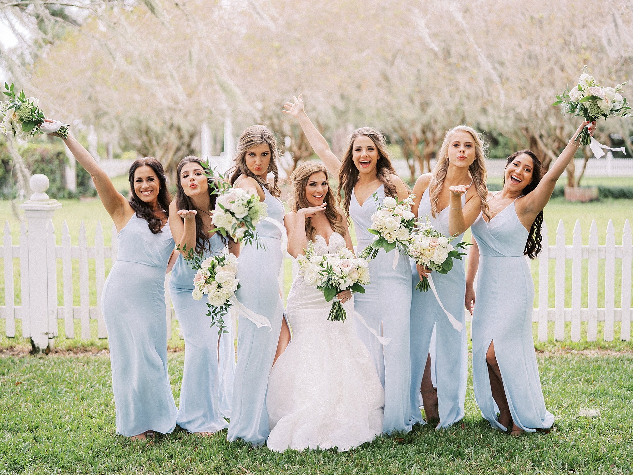 Light blue bridesmaids and neutral florals, Sarasota Wedding Photographer, Tampa Wedding Photographer, Palmetto Bed and Breakfast Wedding