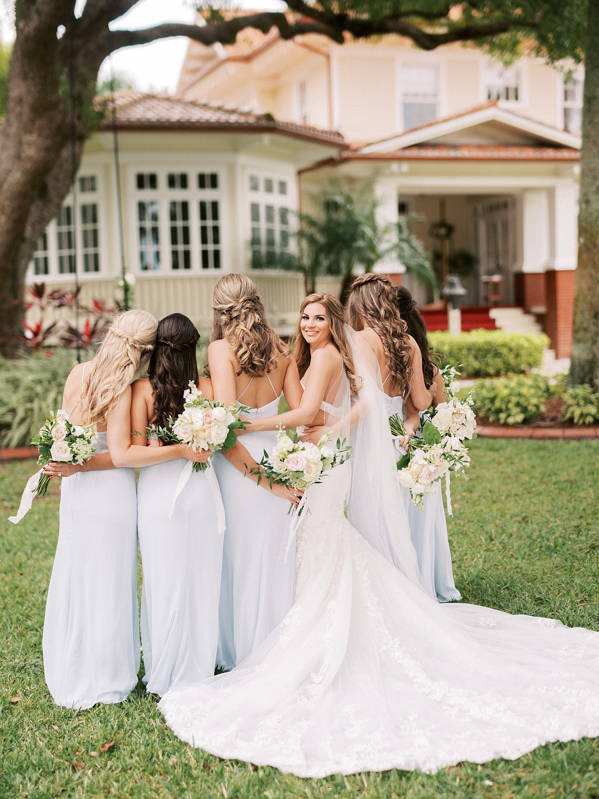 Light blue bridesmaids and neutral florals, Sarasota Wedding Photographer, Tampa Wedding Photographer, Palmetto Bed and Breakfast Wedding