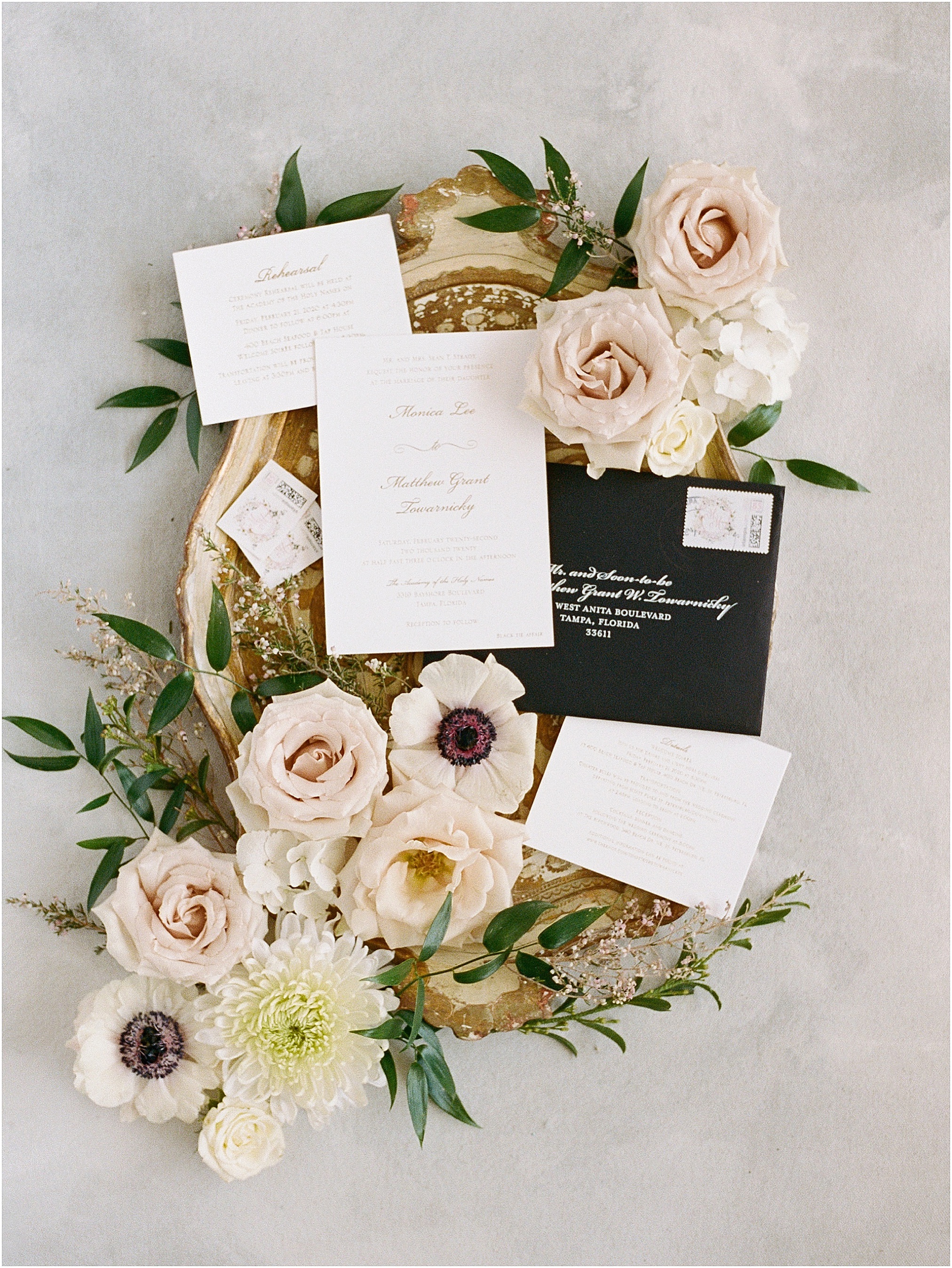 Tampa luxury wedding photography, wedding invitation with florals, wedding flat lay inspiration, wedding flatlay photography, 