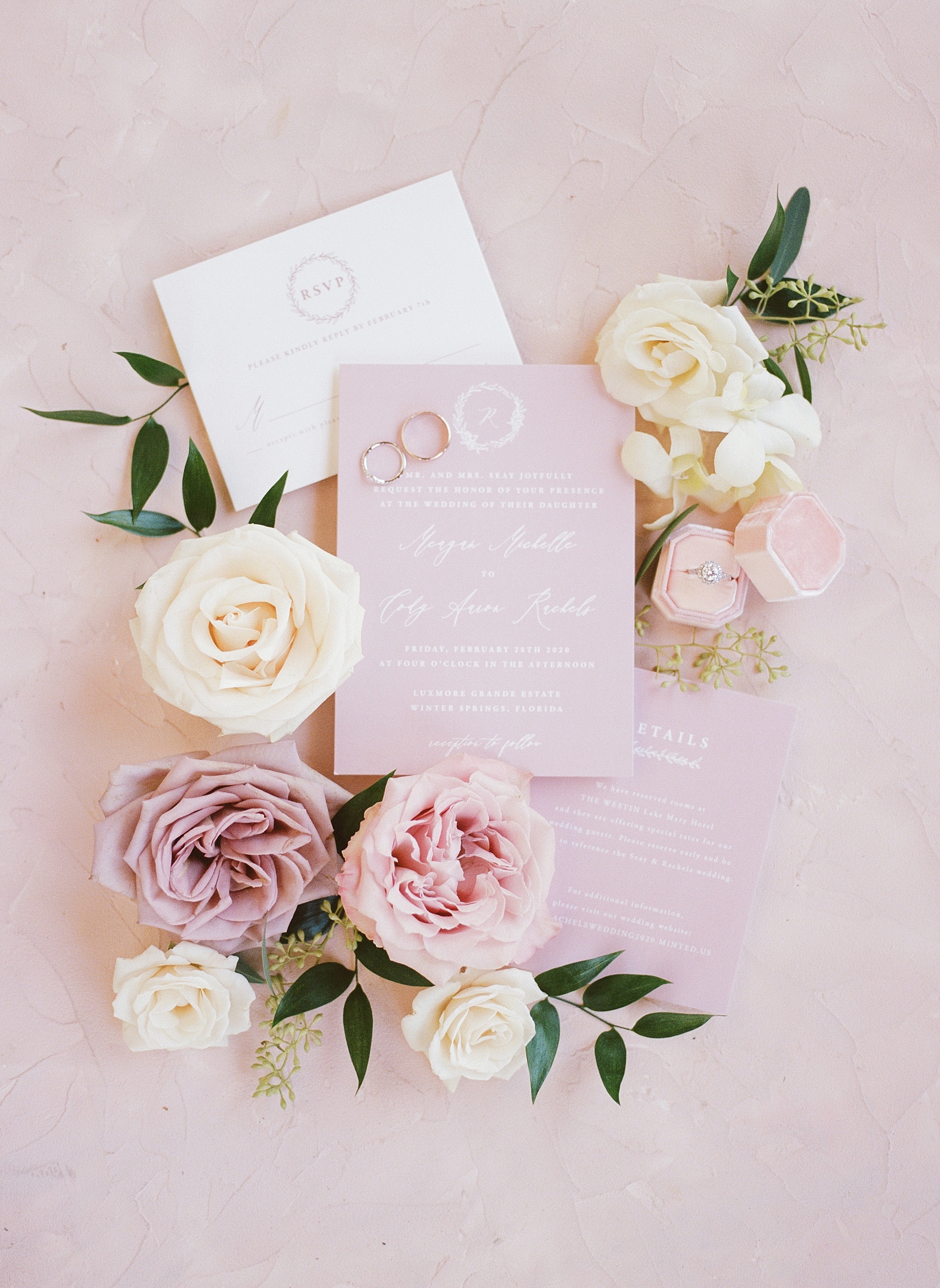blush wedding invitations, wedding invitation flatlay photography, wedding invitation with florals, luxmore grande wedding