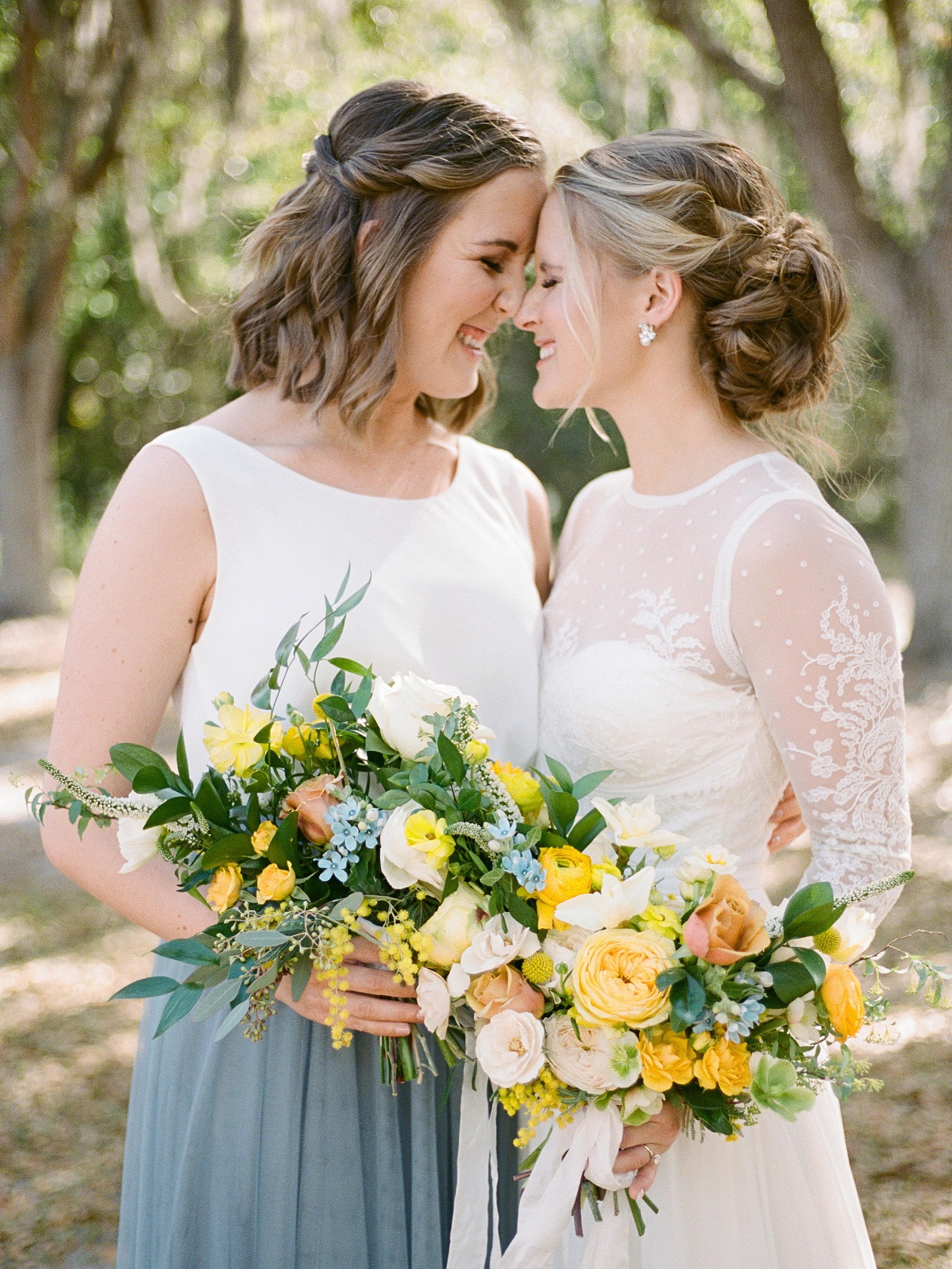 Blue bridesmaid skirts with yellow florals, Haus 820 Wedding